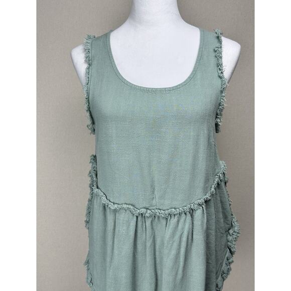 Umgee Linen Cotton Blend Sz S Boho Tank Top Green Raw Fringe Trim Beach Peasant - Picture 2 of 13